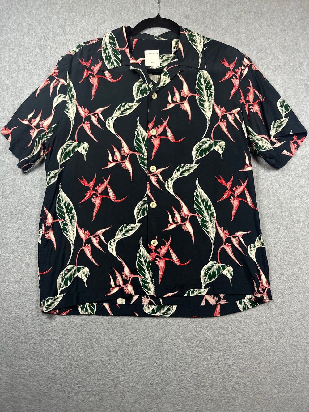 Sandro Paris Button Up Shirt Men's L Black Hawaiian Short Sleeve